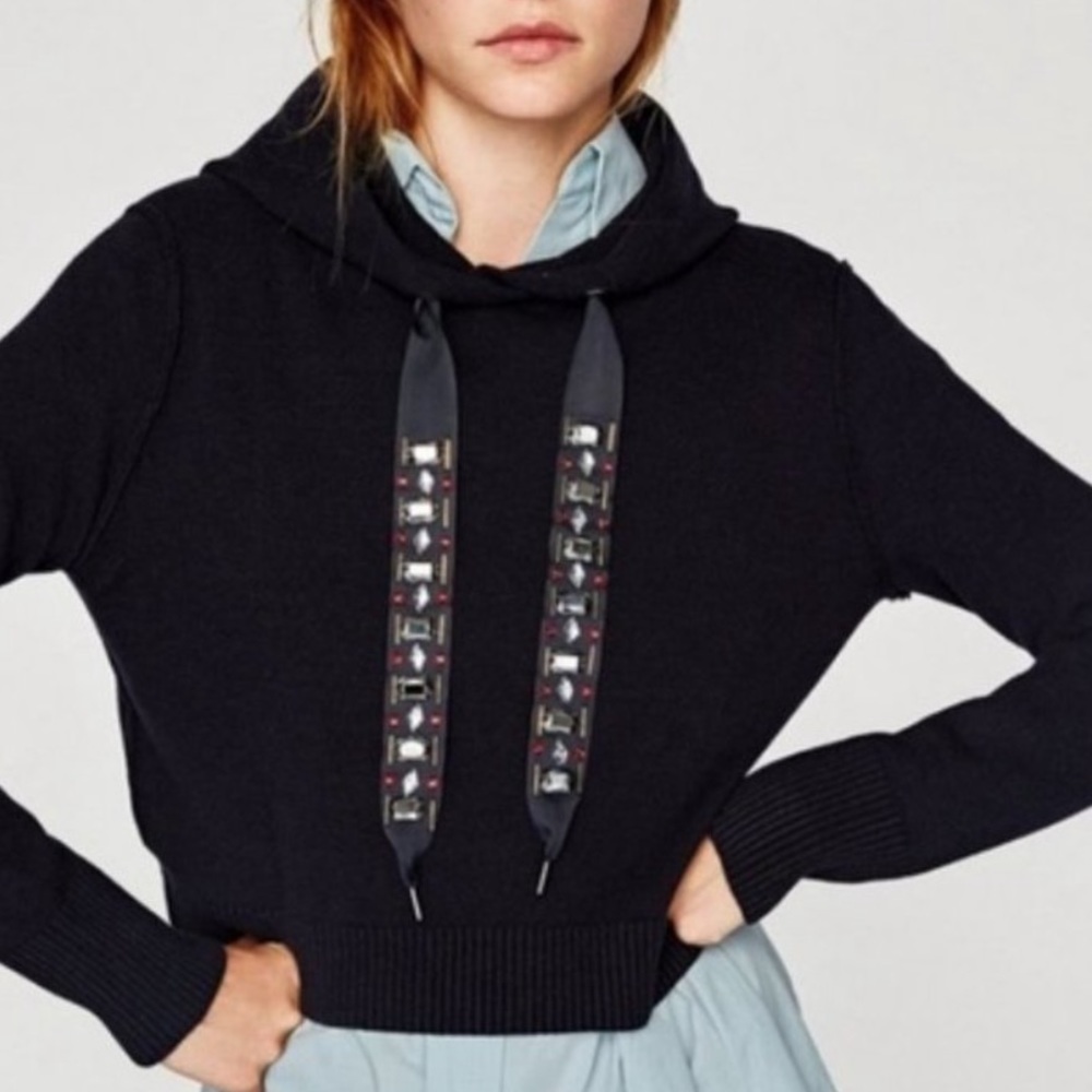 Zara Black Knit Sweater Hoodie with Jewel Ties